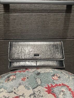 DKNY Metallic Silver Leather Fold-Over Wallet